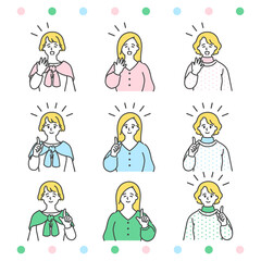 人差し指を指している笑顔の女性と、口を開けて喜ぶ女性のアバターセット