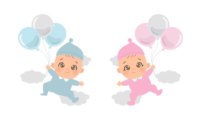 Cute baby boy and girl flying in the sky with balloon. Flat vector cartoon design