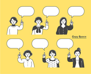 上を指差す大人女子　白黒アバターセット　吹き出し付