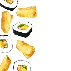 手描き水彩の太巻きといなり寿司イラスト正方形フレーム・左