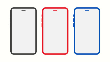 Simple modern vector illustration smartphone mockup set with three black, red, and blue colors theme. Cellphone display front view.