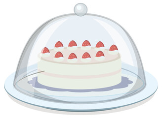 An isolated strawberry cake with glass cover on white background