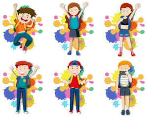 Set of girls and boys with backpack
