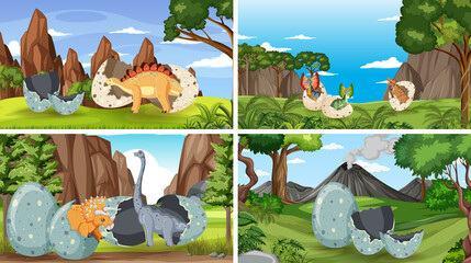 Four scenes with dinosaurs hatching
