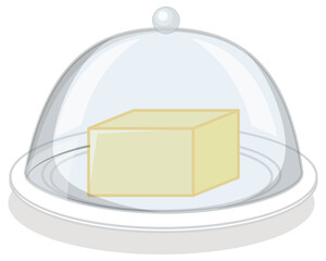 Butter on round plate with glass cover on white background