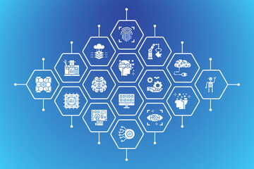 Artificial Intelligence business icons banner. Robotics, Chatbot, Database, Big Data background vector illustration