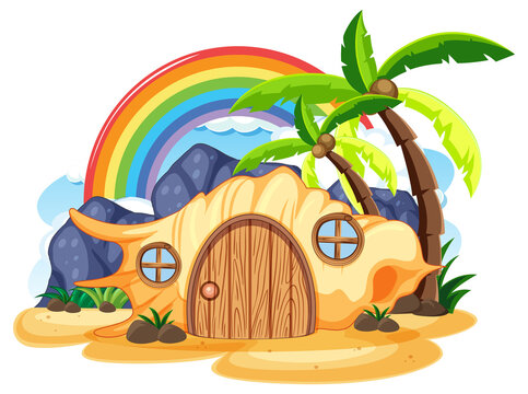 Shell house on island in cartoon style
