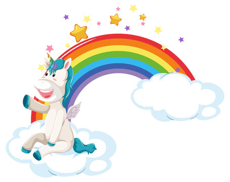 Cartoon pegasus sitting on a cloud with rainbow