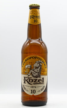Bologna - Italy - February 5, 2022: Bottle of Kozel Beer isolated on white background.
