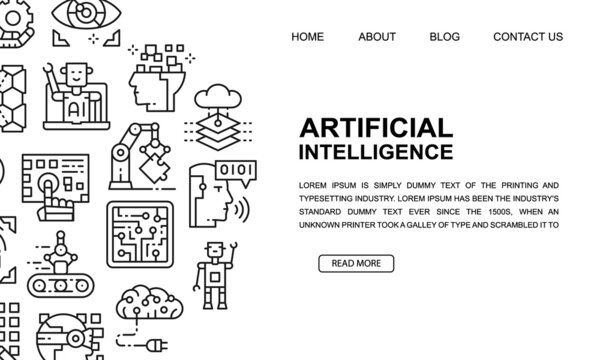 Artificial Intelligence landing page template in line style. Robotics, Chatbot, Database, Big Data illustration design concept for web page design