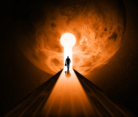 Business man walking on Keyhole Road The Venus Venus on Universe  Cosmos background. Jupiter Business Future, Surreal Dreams and Imagination Concept 