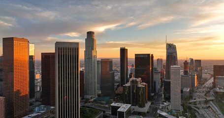 Los angeles aerial view, flying with drone. Los Angels downtown skyline, Flying and filmed LA by drone.