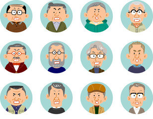 12人のシニアの男性の怒りの表情のアイコン

