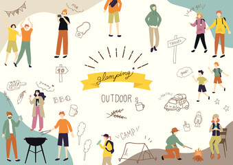 アウトドア　キャンプの人物と手描きアイコンセット