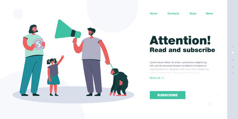 Man with monkey on leash offering to stroke animal for money. Mother holding gold coin, daughter wanting to play with monkey flat vector illustration. Business, exploitation of wild animals concept