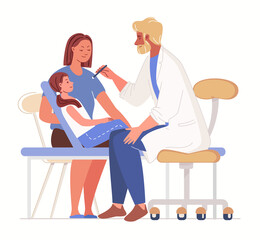 Female child at neurologist's appointment. Doctor checks reflex of patient eyes with the light of  flashlight. Isolated on white background. Vector characters flat cartoon illustration.