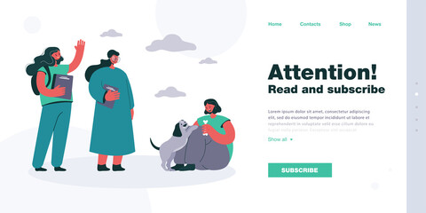 Cartoon girls greeting classmate playing with puppy. Kid meeting friends and having fun with dog flat vector illustration. Pets, friendship concept for banner, website design or landing web page