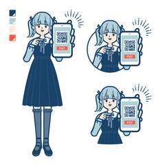 ゴスロリ衣装を着た若い女性がスマートフォンでキャッシュレス決済しているイラスト