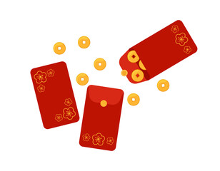 Chinese hongbao, festive red envelopes with sakura flowers ornament. Traditional gift with coins, money for Chinese New Year, birthday, wedding and other holidays. Vector flat illustration