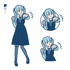 ゴスロリ衣装を着た若い女性が正面にパンチしているイラスト