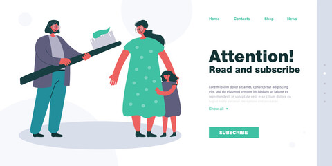 Mother and daughter at dentists appointment. Female doctor holding huge toothbrush with toothpaste, teaching kid how to brush teeth correctly flat vector illustration. Health, parenthood concept