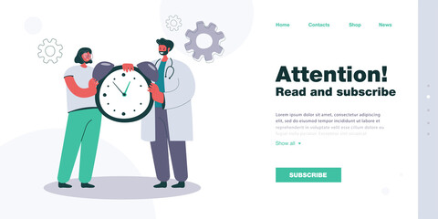 Happy doctor and patient holding alarm clock. Woman and man in uniform setting time for medication or appointment flat vector illustration. Health, medicine concept for banner or landing web page