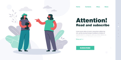 Female character pointing at girl holding tablet. Cute cartoon teenagers becoming friends flat vector illustration. Communication, friendship concept for banner, website design or landing web page