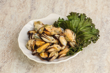 Tasty marinated mussels in the bowl