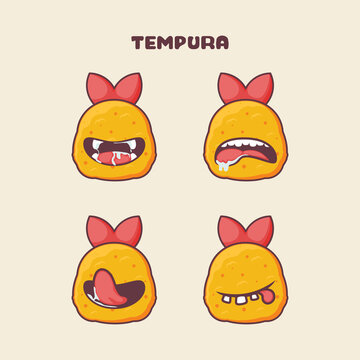 Tempura cartoon. japanese food vector illustration. with different mouth expressions