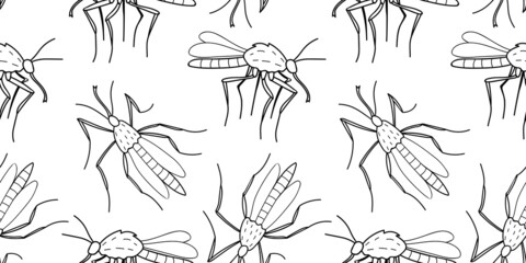 Vector seamless pattern of black outline mosquitos, moths, midges in doodle sketch style. Simple texture with insects, bloodsuckers, pests