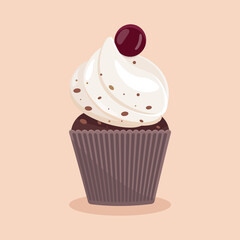 chocolate cake with air cream and ripe cherries