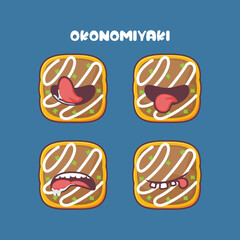 Okonomiyaki cartoon. vector illustration of japanese food. with different mouth expressions