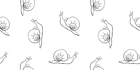 Vector seamless pattern with outline cute snails in style of sketch, doodle with spiral shell, side view, isolated. Nature background and texture