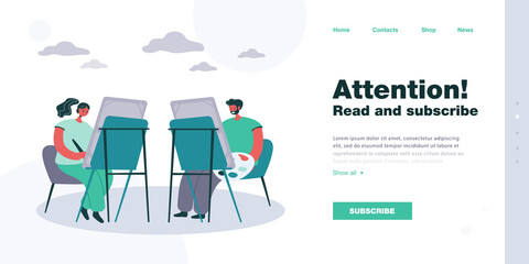 Art students painting on canvases outdoors. Cartoon artists or painters drawing landscape in nature flat vector illustration. Hobby, art concept for banner, website design or landing web page