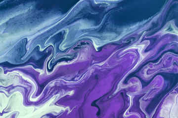 Abstract fluid art background navy blue and violet colors. Liquid marble. Acrylic painting with purple gradient.