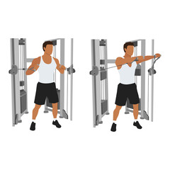 Fototapeta premium Man doing standing cable chest press exercise, Flat vector illustration isolated on white background. Chest workout