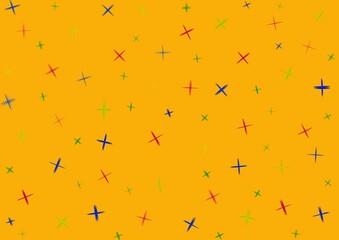 Art abstract dark yellow background with red, blue and green stars and cross x pattern.