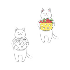 Coloring page with cute cat. Summer illustration of funny cat holding a bowl full of strawberries. Vector 10 EPS.