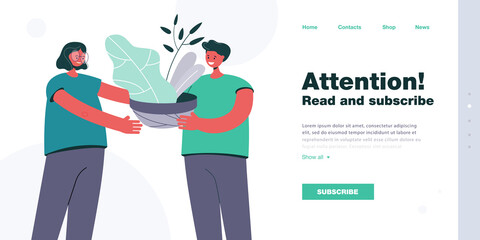 Female cartoon character giving potted plant to male friend. Man holding pot with leaves flat vector illustration. Ecology, nature, care concept for banner, website design or landing web page