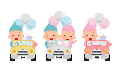 Cute baby girl and boy riding car with balloons and presents. Flat vector cartoon design