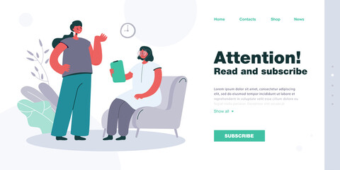 Female patient at counselling session at psychologist office. Therapist listening to woman flat vector illustration. Mental health, psychology concept for banner, website design or landing web page