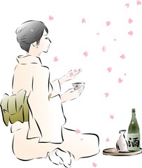 花見をしている女性　日本酒を呑む着物女性
