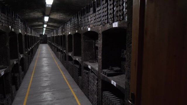 Old wine cellar. Many old glass wine bottles on wine shelves. Cellars of the Vinothek. Storing