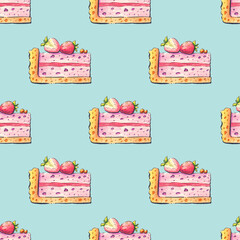 Watercolor pattern with cakes. Pieces of cake on a colored background.