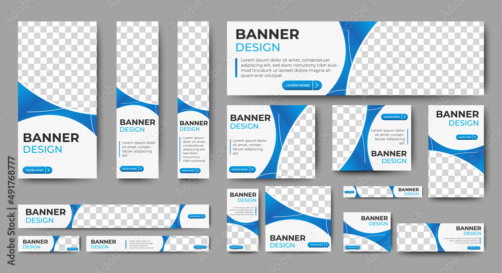 Poster creative banner design web template set, horizontal header web banner. modern gradient blue and whit