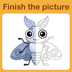 Connect the dot and complete the picture. Simple coloring funny insect moth. Drawing game for children.