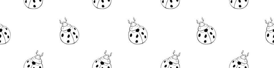 Vector seamless pattern of black outline cute ladybugs in Doodle style. Background and texture on theme of nature, spring, summer, children print, isolated