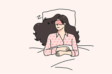 Calm young woman with eye mask lying relaxing in soft bed sleeping or taking nap. Relaxed millennial girl asleep in bedroom, see dreams at night. Relaxation and fatigue. Vector illustration.  - Powered by Adobe