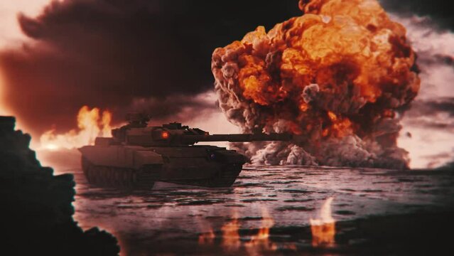 Animation of Tank shoots to the enemy. Explosion and firestorm on the background. 