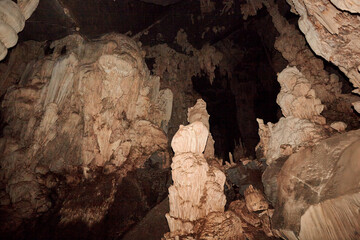 A beautiful of stalactite and stalagmite in Phu Pha Petch cave at Thailand	
